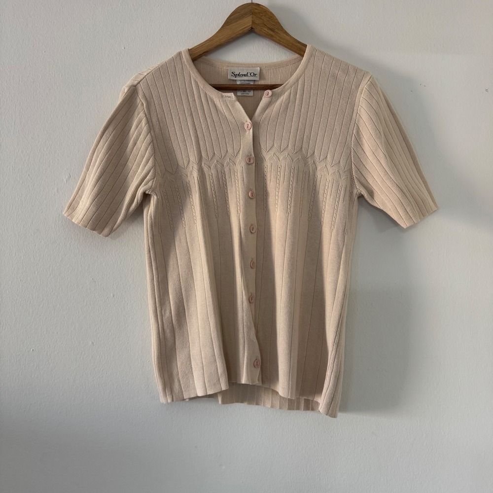 Vtg 100% Cotton Womens S Beige Ribbed Short Sleeve Cardigan Sweater Cottagecore